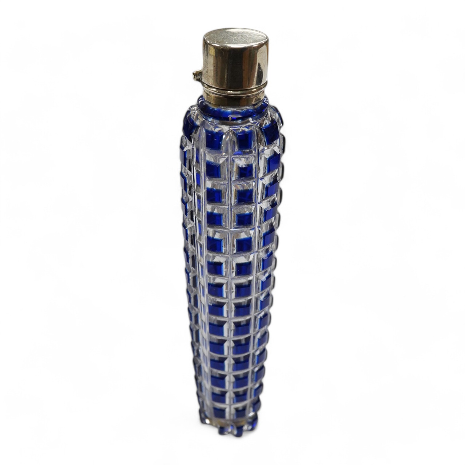 A 19th century blue overlay glass scent bottle with square ribbed design, 12cm long. Condition - good